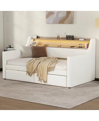 Simplie Fun Twin Size Daybed with Storage Drawers, Upholstered Daybed with Charging Station and Led Lights, White