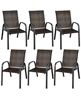 Gymax 12PCS Outdoor Pe Wicker Stacking Dining Chairs Patio Arm Mix Grey