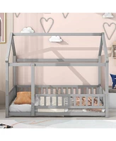 Simplie Fun Twin Size Floor Wooden Bed with House Roof Frame, Fence Guardrails, Grey