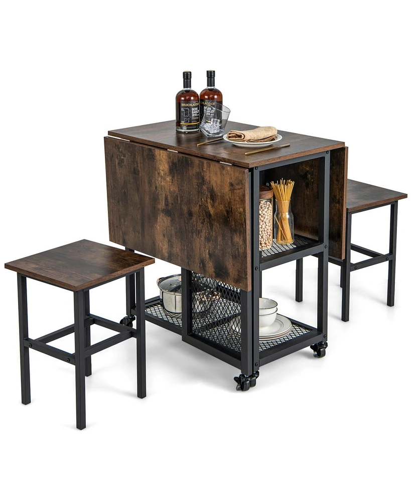 Slickblue Drop Leaf Expandable Dining Table Set with Lockable Wheels-Brown