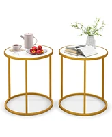 16 Inch Marble Top Round Side Table with Golden Metal Frame for Living Room Bedroom-Set of 2