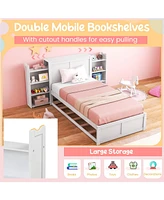 Sugift Twin Kids Wooden Platform Bed with Trundle Storage Headboard-Twin Size