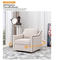 Swivel Armchair in Cotton Linen with Brass Accents