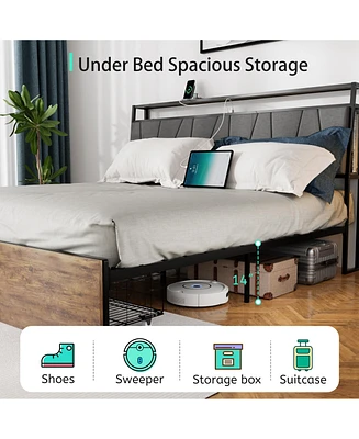 Streamdale Furniture Full Bed Frame with Storage, Ergonomic Headboard, Bed Frame with 2 Storage Drawers, Built in Charging Station & Led, Outlets & Us