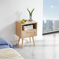 Rattan End Table With Power Outlet & Usb Ports, Modern Nightstand With Drawer And Solid Wood