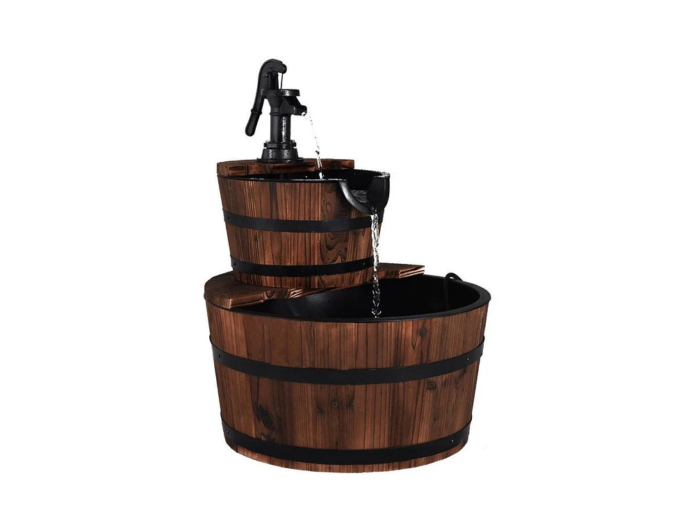 Slickblue 2-Tiers Outdoor Wooden Barrel Waterfall Fountain with Pump