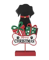 Glitzhome 15''H Christmas Metal Wooden Dog Gift Box Table Decor