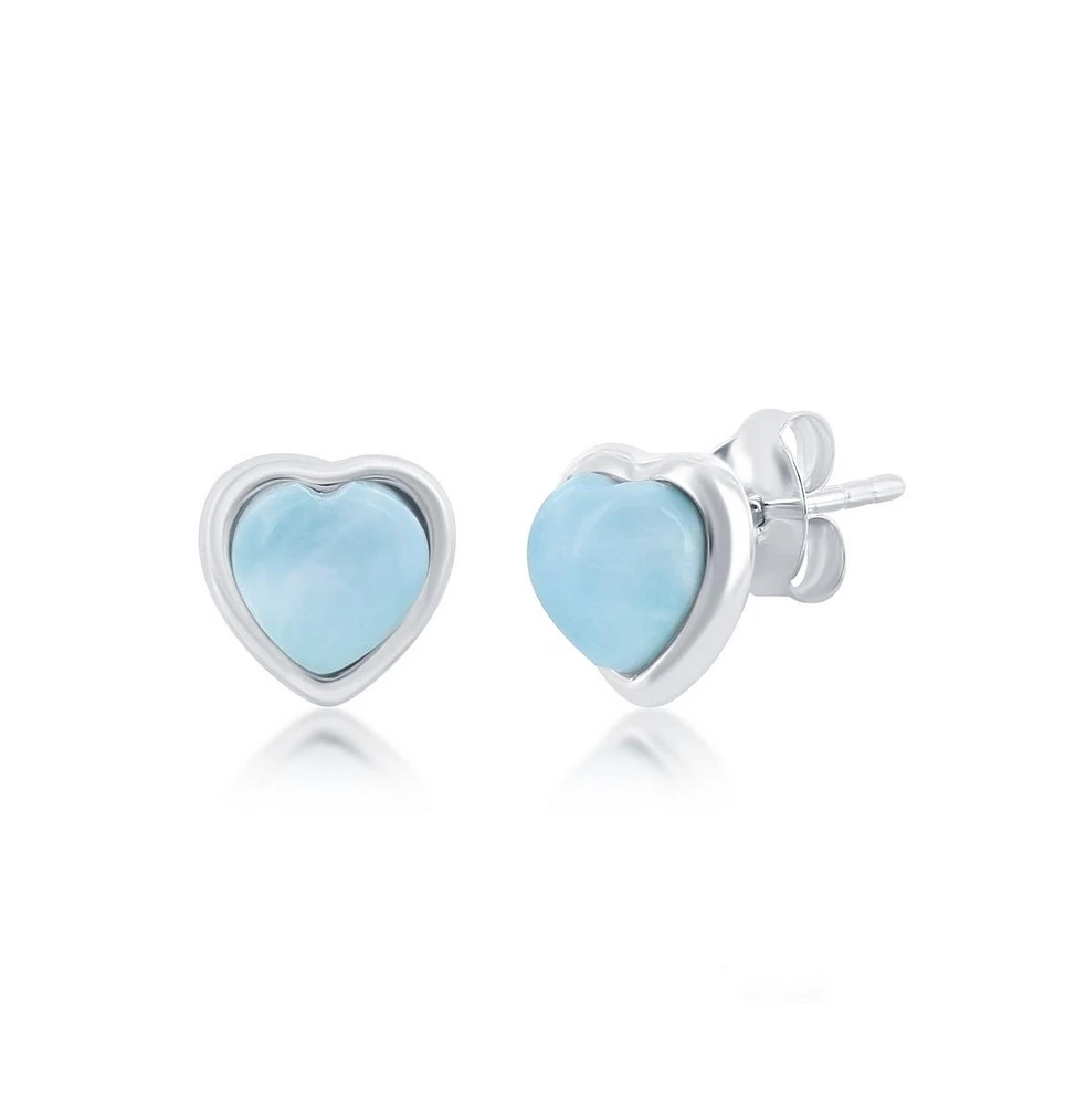 Caribbean Treasures Sterling Silver Heart Larimar Stud Earrings