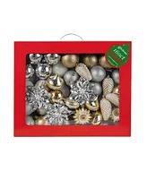 Glitzhome 178ct Christmas Elegant Silver Gold Shatterproof Ornaments with Matched Pinecone Picks and Ribbon Bow Sets