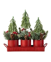 Glitzhome 21 L Christmas Metal Potted Triple Trees Centerpiece or Table Tree