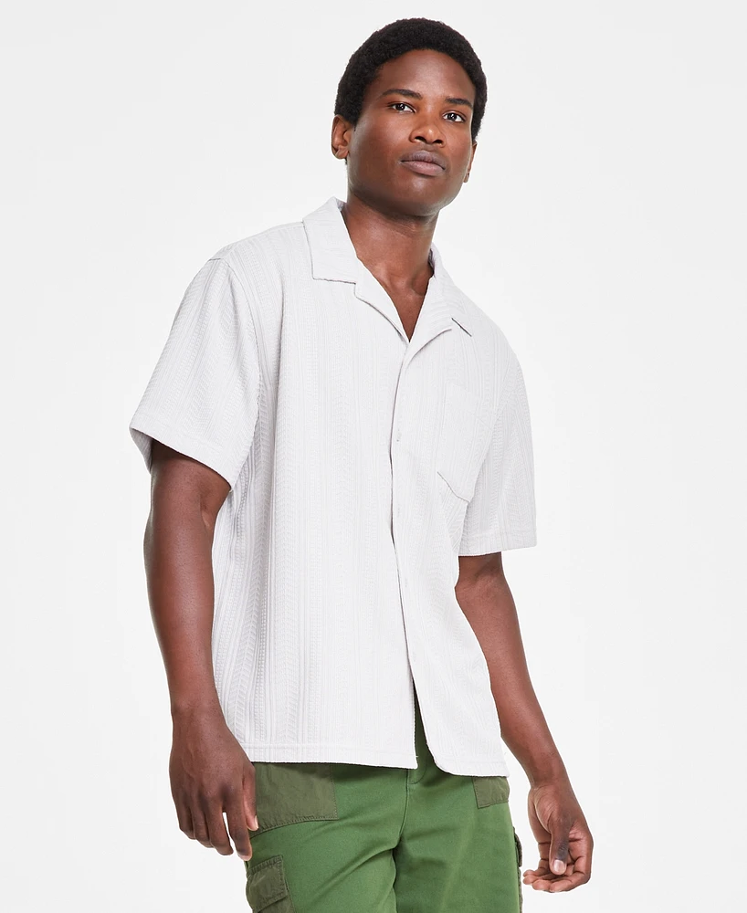 Sun + Stone Men's Textured Chevron Knit Short Sleeve Button-Front Camp Shirt, Created for Macy's