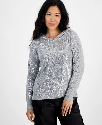 I.n.c. International Concepts Petite Sequined Ribbed Hooded Sweater, Created for Macy's