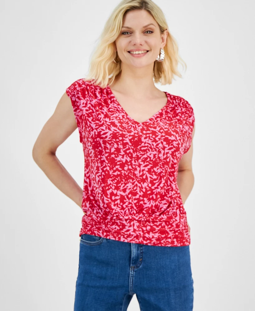 I.n.c. International Concepts Petite Printed V-Neck Ruched-Shoulder Top, Created for Macy's