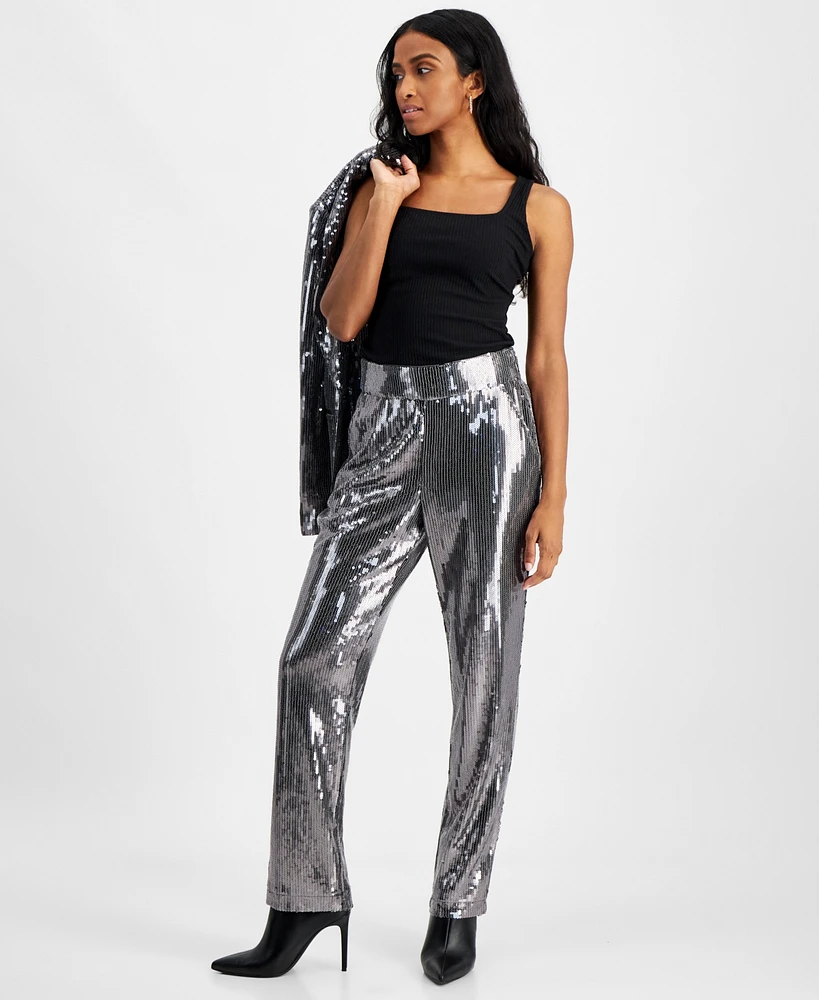 I.n.c. International Concepts Petite Sequin-Embellished Straight-Leg Pants, Created for Macy's