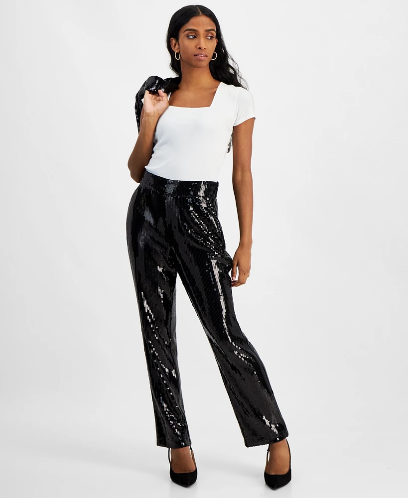 I.n.c. International Concepts Petite Sequin-Embellished Straight-Leg Pants, Created for Macy's