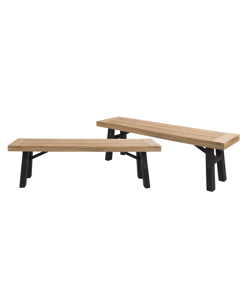 Simplie Fun Rustic Acacia Wood Bench Set with Slat Design and Two-Toned Finish