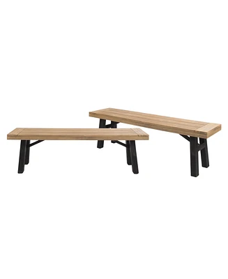 Simplie Fun Rustic Acacia Wood Bench Set with Slat Design and Two-Toned Finish