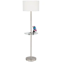 Caper Modern Floor Lamp with Tray Usb and Ac Power Outlet on Table Glass 60.5" Tall Satin Nickel White Fabric Drum Shade for Living Room Reading House