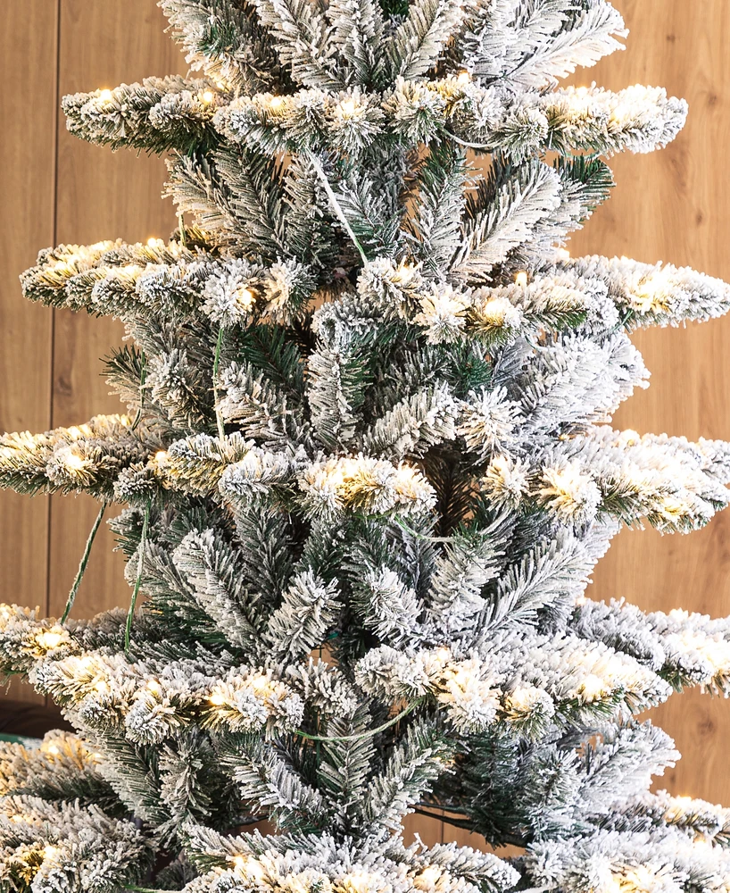 Glitzhome 7.5ft Pre Lit Flocked Slim Spruce Artificial Christmas Tree with 320 Warm White Lights, 3 Function