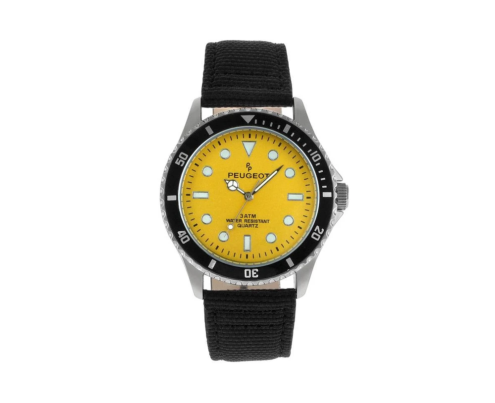 Peugeot Men's Sport Bezel Watch with Yellow Dial and Black Canvas Strap