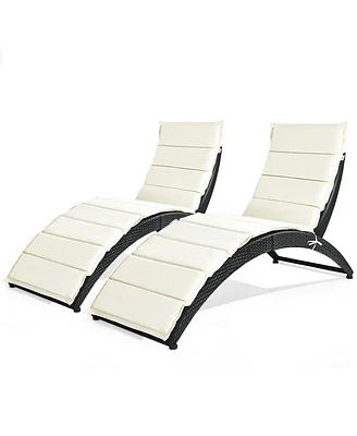 Gymax 2PCS Foldable Rattan Wicker Chaise Lounge Chair w/ Cushion Patio Outdoor