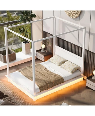 Simplie Fun Queen Size Wood Led Canopy Bed, Canopy Platform bed With Support Slats, No Box Spring Needed, White