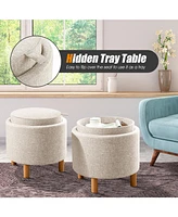 Slickblue Round Fabric Storage Ottoman with Tray and Non-Slip Pads for Bedroom