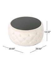 Modern Glam Velvet Ottoman with Button-Tufted Stitch and Glass Top