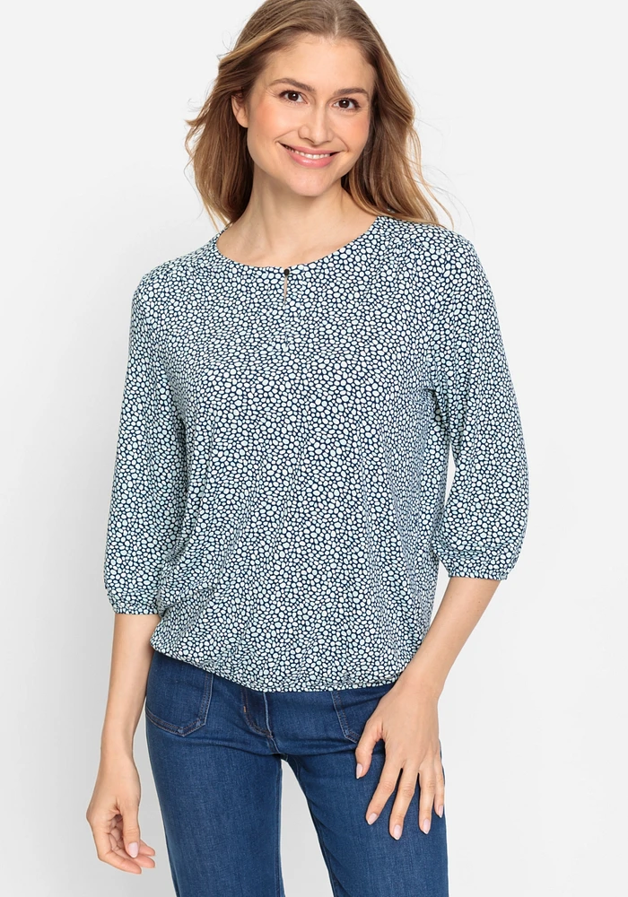 Olsen Women's Viscose Blend 3/4 Sleeve Allover Pebble Print Split V-Neck T-Shirt