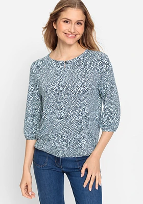 Olsen Women's Viscose Blend 3/4 Sleeve Allover Pebble Print Split V-Neck T-Shirt