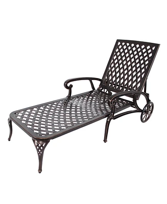 Mondawe Reclining Outdoor Cast Aluminum Chaise Lounger Chair with Wheels, Adjustable Lounger Chair