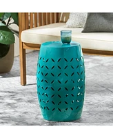 Modern Barrel-Cut Iron Accent Table with Chic Floral Motif