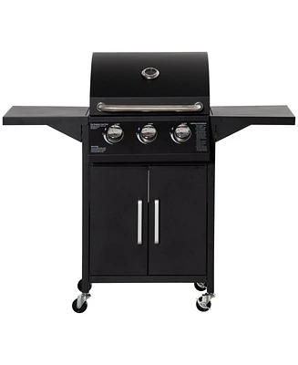 Outsunny 3 Burner Gas Grill w/ Wheels, Storage Shelves, Thermometer, Black