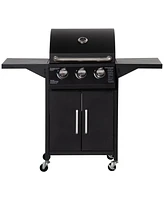 Outsunny 3 Burner Gas Grill w/ Wheels, Storage Shelves, Thermometer, Black