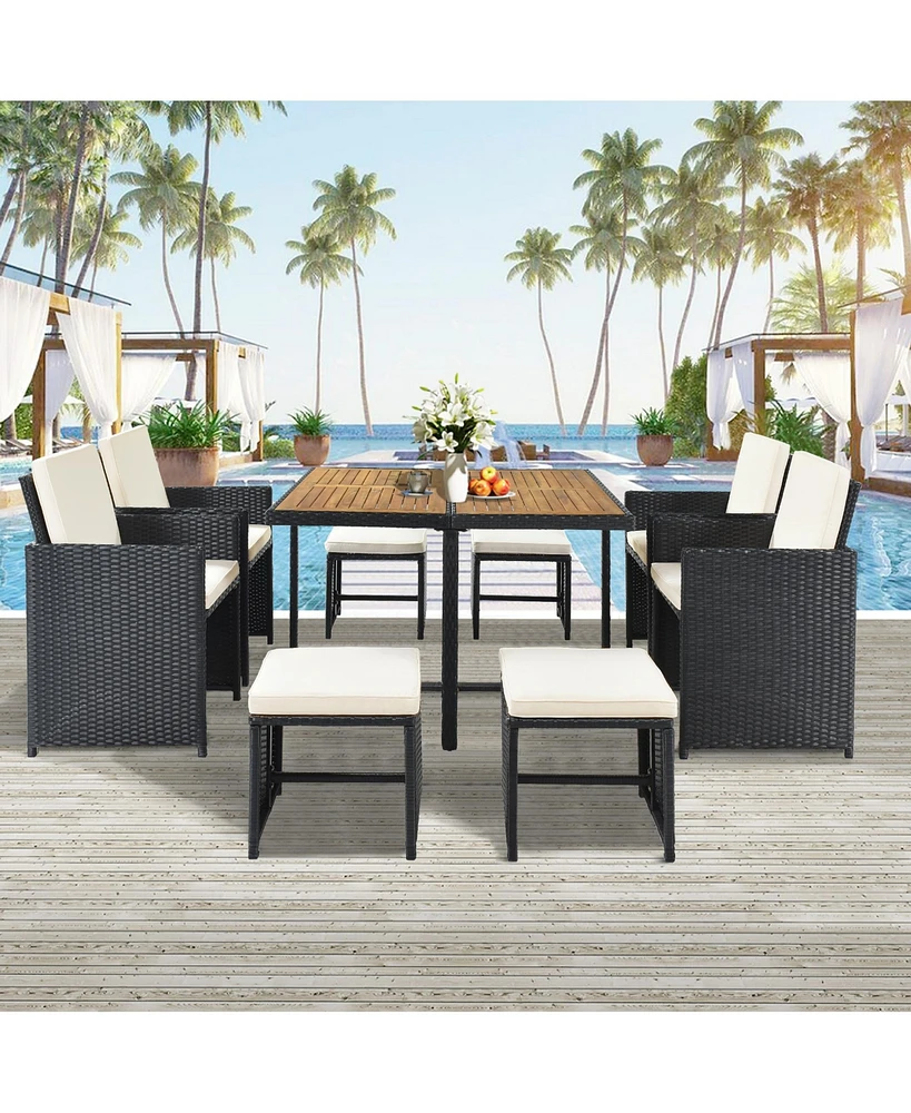 Simplie Fun Patio All-Weather Pe Wicker Dining Table Set with Wood Tabletop for 8, Black Rattan+Beige Cushion (9-Piece)