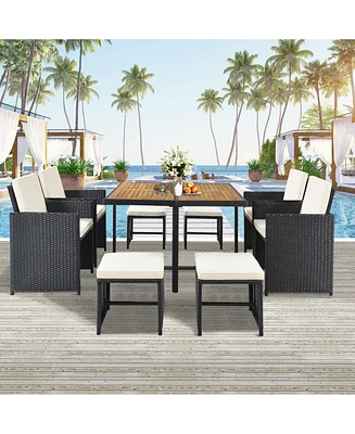 Simplie Fun Patio All-Weather Pe Wicker Dining Table Set with Wood Tabletop for 8, Black Rattan+Beige Cushion (9-Piece)