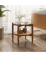 Slickblue Rattan Round Side End Table with Tempered Glass Tabletop