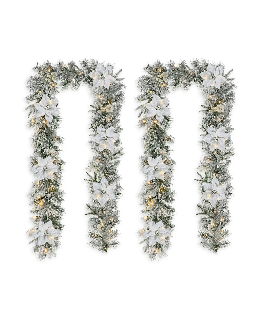 Glitzhome Set of 2 9ft Pre Lit Snow Flocked Greenery Pine Poinsettia Christmas Garland, with 50 Warm White Lights with Timer, Three Function