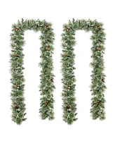 Glitzhome Set of 2 9ft Pre Lit Frosted Greenery Pinecones Christmas Garland, with 50 C3 Clear Light Emitting Diode Lights and Timer, Three Function