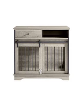 Simplie Fun Sliding Door Dog Crate With Drawers. Grey, 35.43" W X 23.62" D X 33.46"