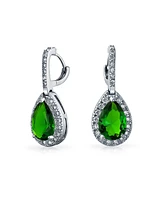 Bling Jewelry Classic Pear Shape Solitaire Teardrop Halo Cz Green Green Pendant Necklace Matching Drop Earrings Jewelry Set Rhodium Plated