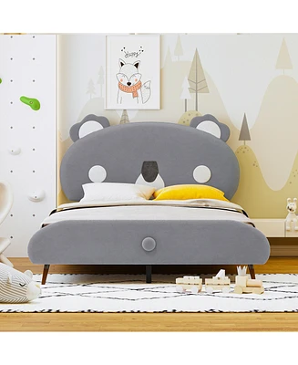 Simplie Fun Full Size Upholstered Platform Bed with Koala-Shaped Headboard, Gray