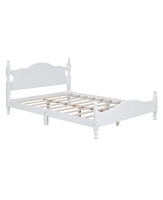 Simplie Fun Queen Size Wood Platform Bed Frame, Retro Style Platform Bed With Wooden Slat Support