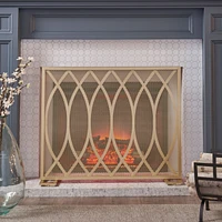 Minimalist Single Panel Fire Screen with Overlapping Lens Pattern, Gold