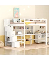 Full Size Loft Bed With Built-In Desk, Bookshelves And Storage Staircase, White