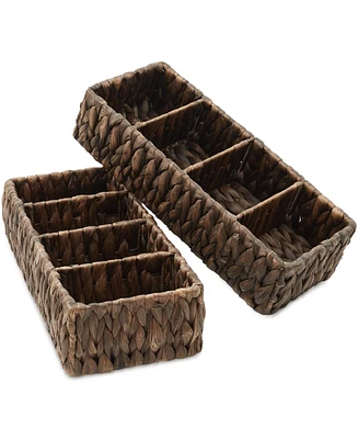 Casafield Set of 2 Water Hyacinth Storage Baskets with 3 Sections, Espresso - Woven Bin Organizers for Bathroom, Laundry, Pantry, Office, Shelves