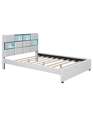 Simplie Fun Queen Size Upholstered Platform Bed With Led, Storage And Usb