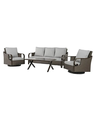 Mondawe Patio Wicker 3-Seat Sofa Couch and Swivel Single Sofa Chairs Table Set, With Cushions In Metal Frame For Outdoor