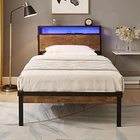 Metal Platform Bed with Wooden Headboard, Led Lights, Usb Liner, Easy Assemble