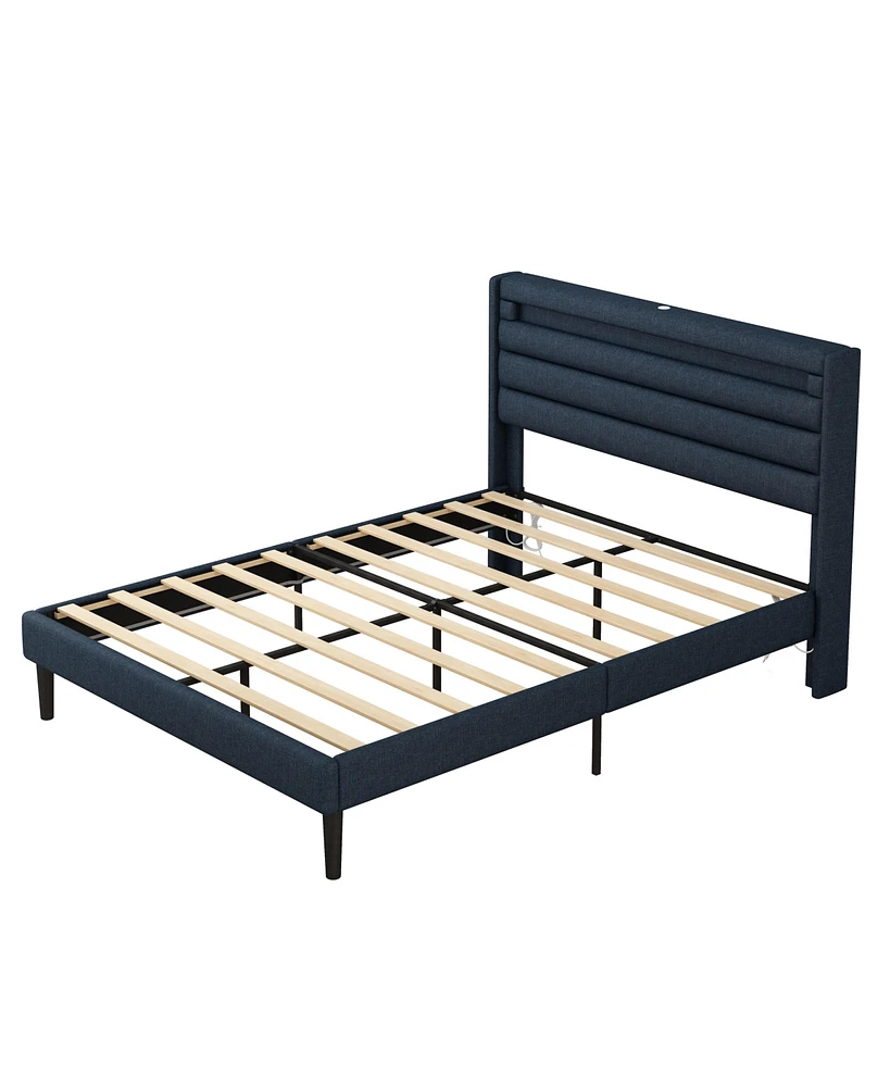 Simplie Fun Led Queen Bedframe in Dark Blue Linen